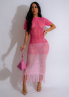 Island Girl Crochet Fringe Midi Dress Pink, a stylish and summery outfit with intricate crochet details and playful fringe trim, perfect for beach days and casual outings