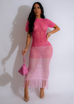 Island Girl Crochet Fringe Midi Dress Pink