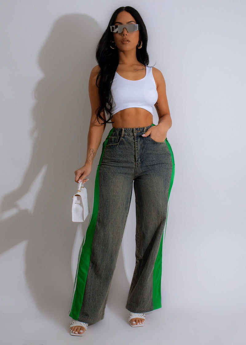 Green jeans with a unique design and vibrant color to stand out from the crowd