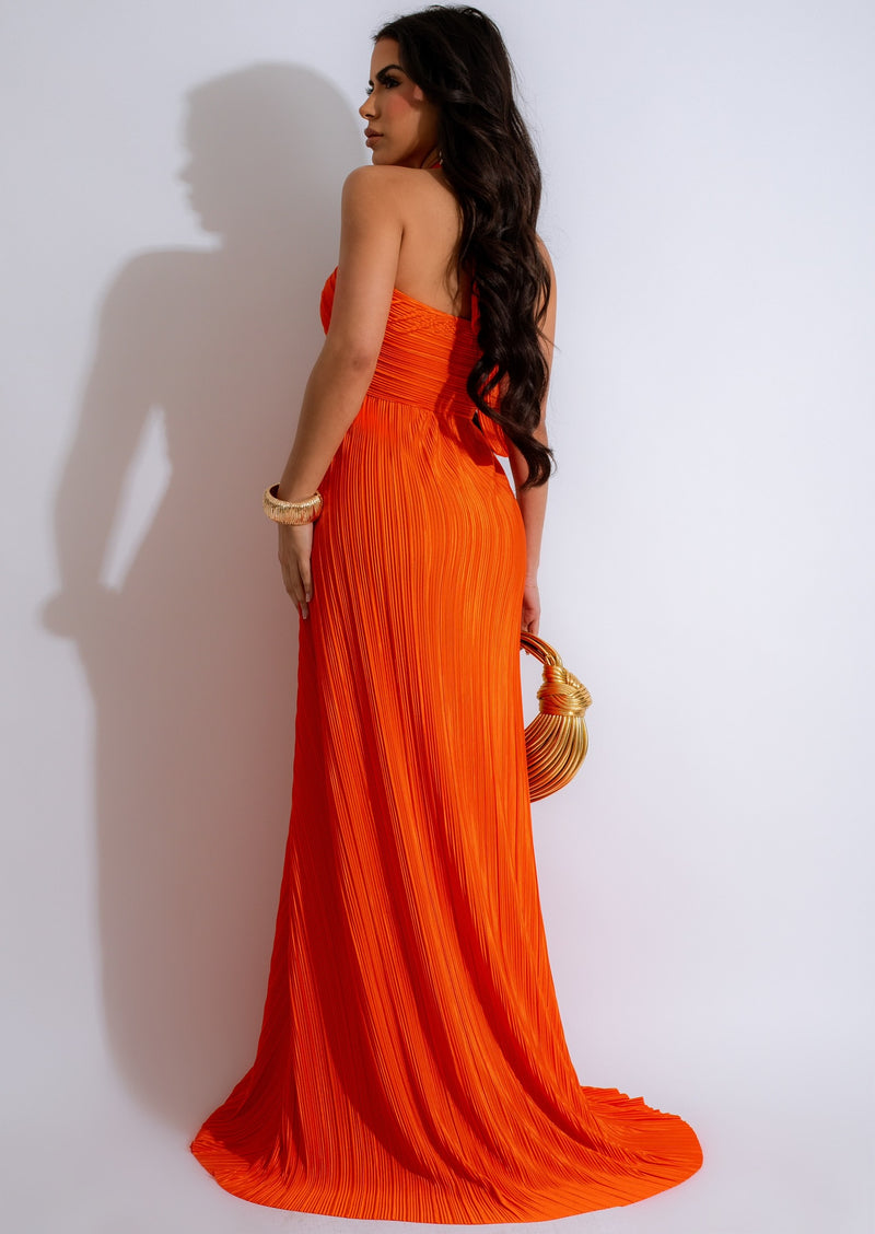 Gorgeous and radiant orange maxi dress made of luxurious silk fabric