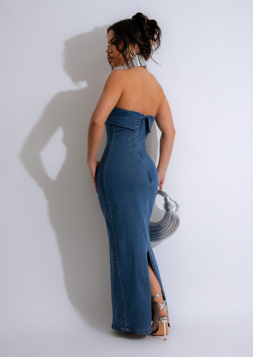  Close-up of the denim fabric of Only You Denim Midi Dress Dark Denim showing texture and stitching details