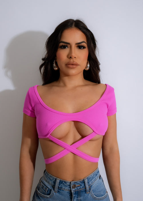 Close-up of the soft, stretchy fabric of the Mind Body Ribbed Crop Top Pink