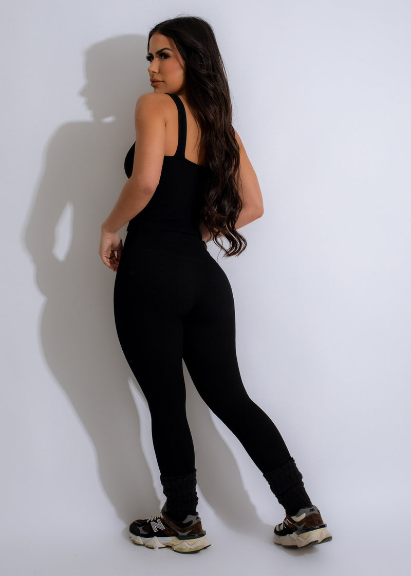 Side view of Yoga Flex Ribbed Crop Top Black showing ribbed design and fit