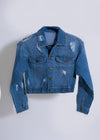 Fashionable and chic denim jacket featuring pearl and crystal embellishments
