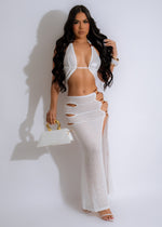 White knit skirt set with matching top, perfect for Miami nights