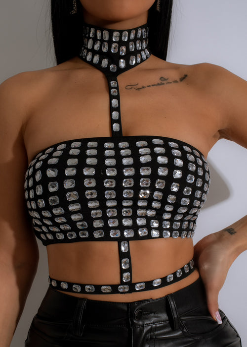 Stylish black crop top featuring intricate couture rhinestone embellishments