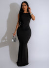 Black ruched maxi dress with flattering gathered details perfect for girls' night out