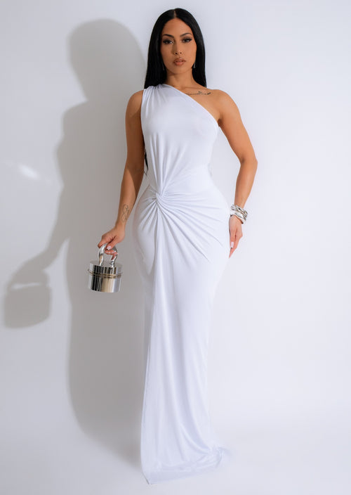 Luminous Ruched Maxi Dress White with V-neck and flowy silhouette 