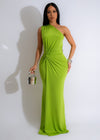 Luminous Ruched Maxi Dress Green with Side Slit and V-Neckline, perfect for summer events and outdoor occasions