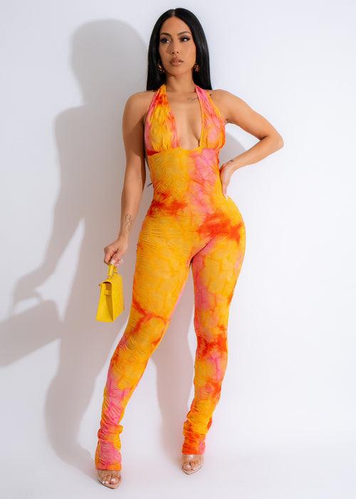 Stunning Yellow Mesh Jumpsuit with Sexy Sunset Design and Flattering Fit