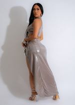  Gorgeous silver metallic skirt set with crop top and figure-flattering silhouette