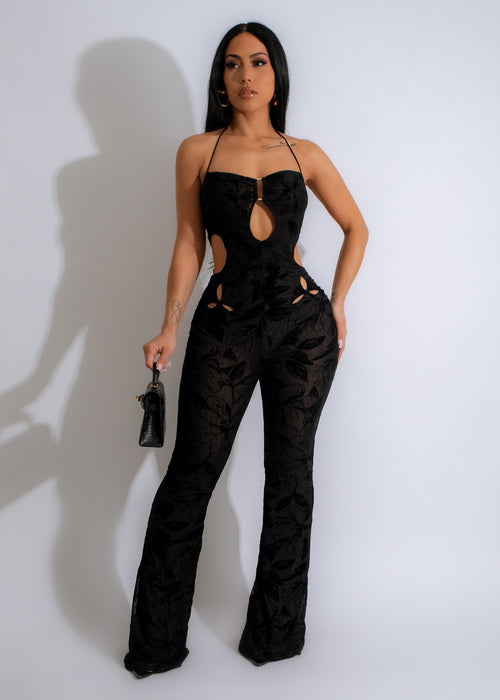 Delicious Date Mesh Jumpsuit Black with intricate lace detailing and elegant design