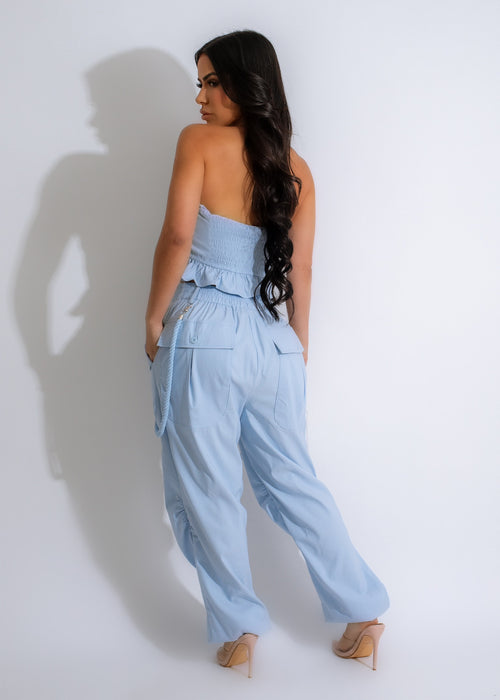  A close-up image of the ruched detail on the It's Heaven Ruched Jogger Set Blue, showcasing the high-quality construction and trendy style