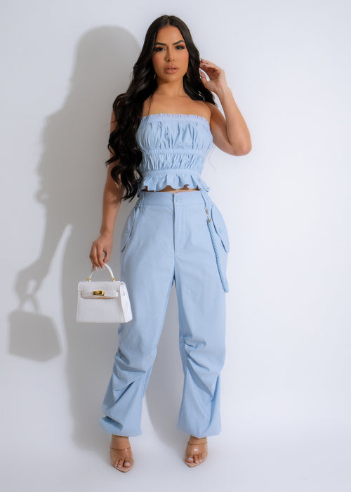 It's Heaven Ruched Jogger Set Blue, a comfortable and stylish loungewear outfit for women, featuring a ruched design and a vibrant blue color