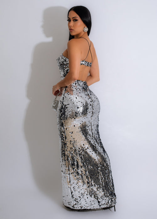  Glamorous and timeless silver sequin maxi dress with captivating sparkle