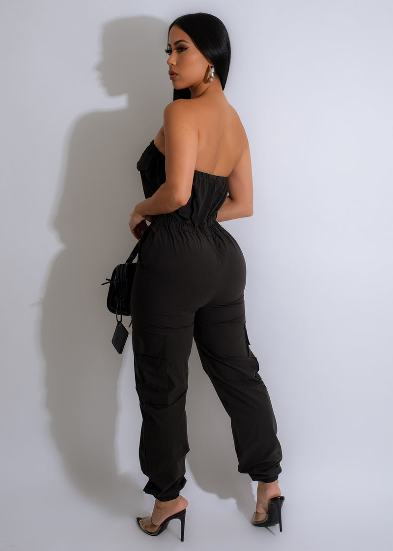 Stunning black jumpsuit with intricate lace detailing and flattering silhouette