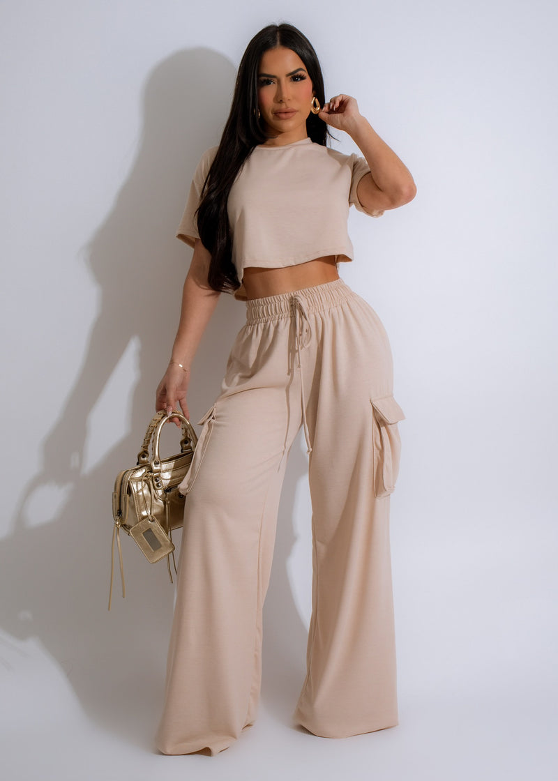 Just Relax Cargo Pant Set Nude in soft, neutral tone with pockets and elastic waistband