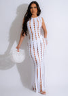 Boho Breeze Knitted Maxi Dress White, a flowing and elegant summer dress with intricate knit detailing and a comfortable, relaxed fit, perfect for beach strolls and sunny picnics