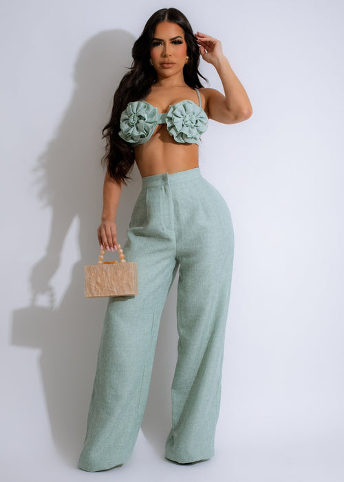 Green tweed pant set with a touch of romance, perfect for a cozy and stylish look