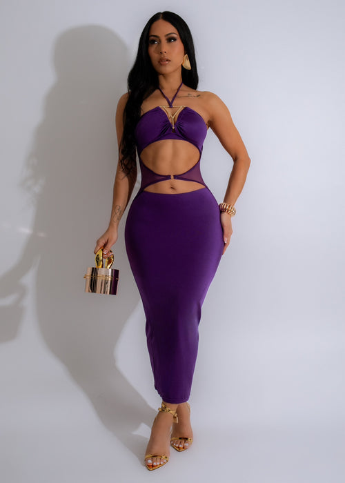 Stylish purple mesh midi dress with a flattering silhouette and trendy design