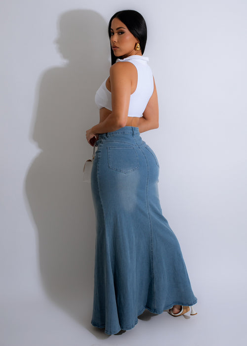 Close-up of the She's On Trend Denim Maxi Skirt back view, showing pocket and belt loop details