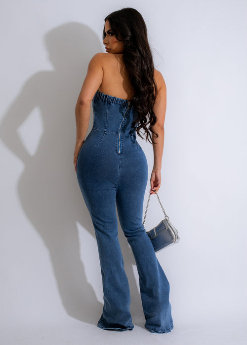 Alt text: Fashionable Soiree Stiletto Denim Jumpsuit with flared legs and stylish details