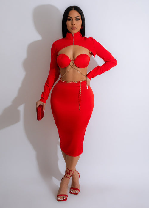 Icon 90's Satin Rhinestones Skirt Set Red, a stylish and glamorous two-piece outfit perfect for a night out
