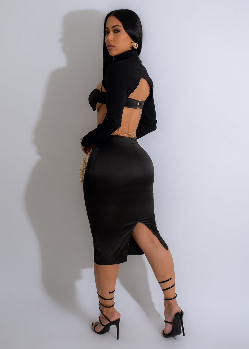 Icon 90's Satin Rhinestones Skirt Set in Black, a timeless fashion piece