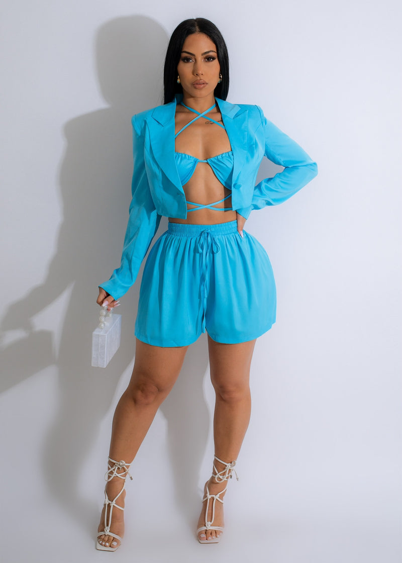 Classy Girl Silk Short Set Blue in luxurious silk fabric, perfect for lounging or sleeping