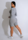 Grey ribbed romper with adjustable straps and button details