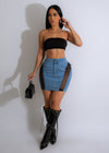 Just Enough Of You Mesh Denim Skirt in light blue denim, front view, styled with white sneakers and a black crop top