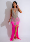 Always In Style Mesh Rhinestones Maxi Dress Pink on model walking down runway with city skyline in background