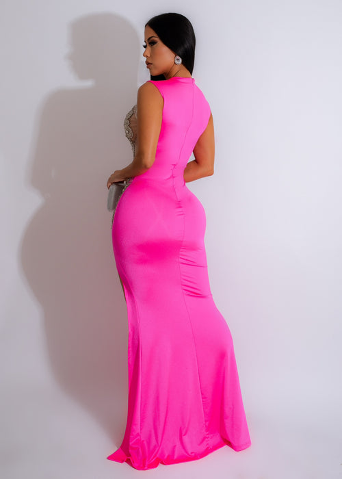 Close-up of the intricate mesh and rhinestone detailing on the Always In Style Mesh Rhinestones Maxi Dress Pink fabric