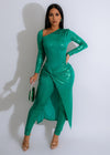 Sweet Moments Metallic Jumpsuit Set Green on a female model walking down the runway