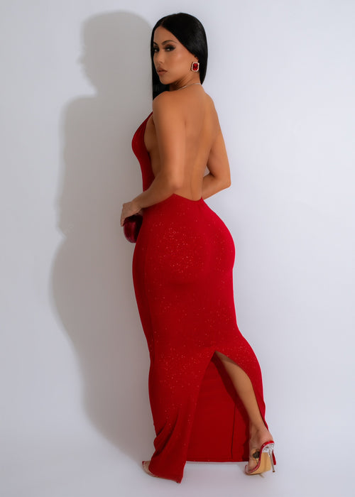 Glamorous and eye-catching red maxi dress with high power glitter effect