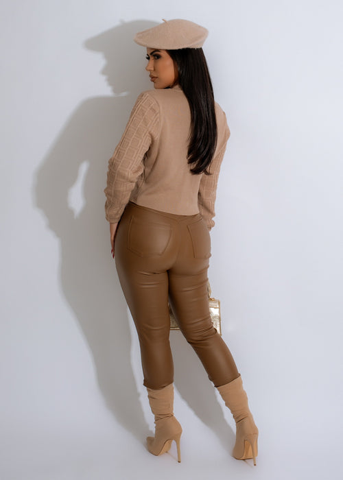  Front view of a mannequin wearing Too Cozy Crop Sweater in nude color, showcasing the soft, comfortable fabric and relaxed fit of the sweater