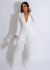 White Mirage Fringe Jumpsuit with Flattering Silhouette and Trendy Design