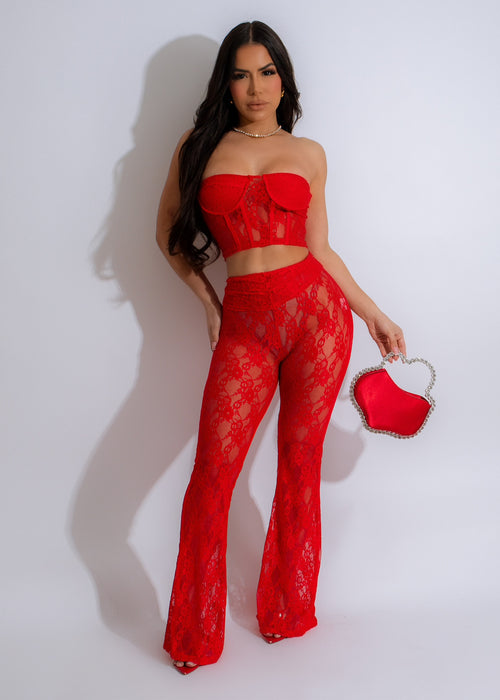 Stunning red lace leggings and top set, perfect for a date night or special occasion, sure to turn heads and make you feel confident and sexy