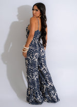 A flattering and stylish blue jumpsuit with a belt and wide legs