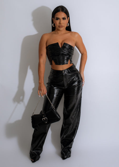 Black faux leather pant set with matching top, perfect for versatile styling