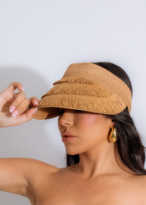  Close-up of Summer Postcard Visor Hat Tan, showing the adjustable strap and comfortable fit for all-day wear in the sun