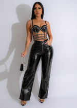 Yes I Go Rhinestones Faux Leather Crop Top Black