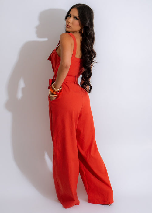 Feel A Way Linen Jumpsuit Orange - Side View with Wide Leg and V-Neckline