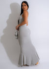 Model wearing the Perfect Day Ribbed Maxi Dress Grey, styled with sandals and a straw hat