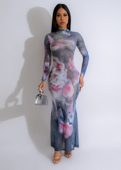 Alt text: Beautiful Geisha Sexy Mesh Maxi Dress in stunning blue color