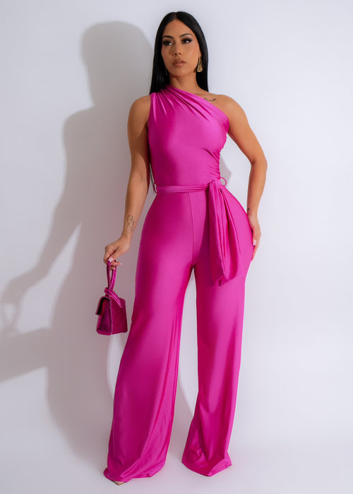 Soft Girl Era Ruched Jumpsuit in Pink, featuring a flattering ruched design and adjustable spaghetti straps for a trendy and comfortable look