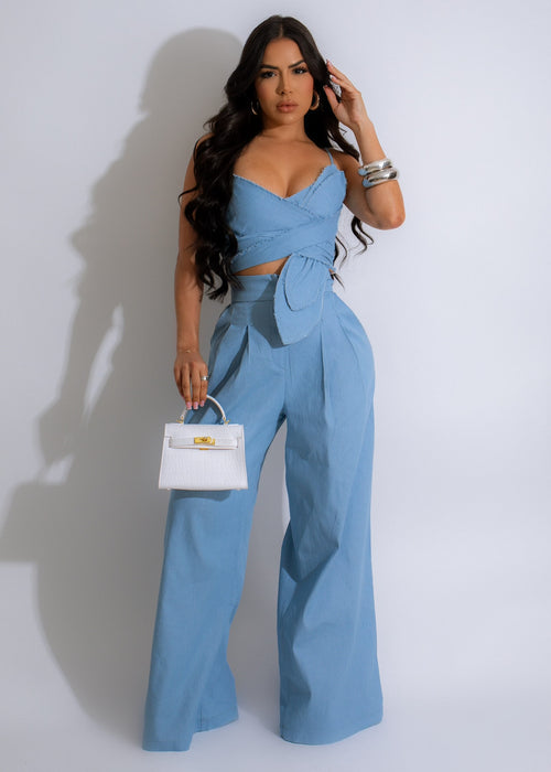 Feel My Vibe denim pant set in blue with matching top and bottom 