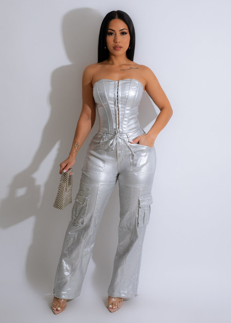 You Arrived Metallic Cargo Pants in silver with zipper details and pockets