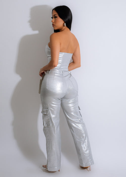 Close-up of You Arrived Metallic Cargo Pants in gold, showing the metallic sheen and adjustable waistband