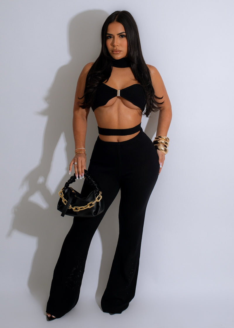 Black knitted pant set featuring a comfortable and stylish design